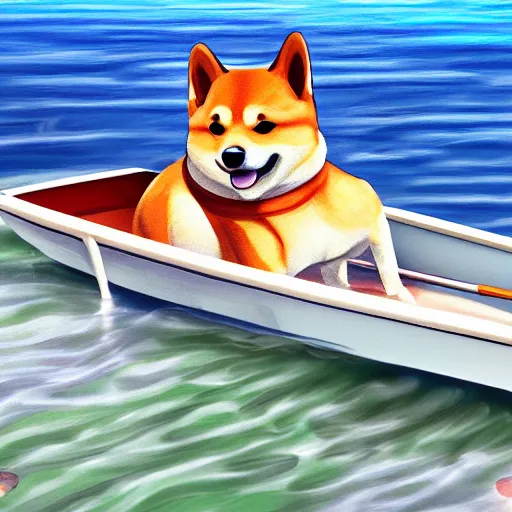 Image similar to a cute shiba inu steering a boat, endless sea, digital painting, 4 k, realistic