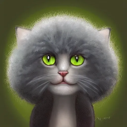 Image similar to a cute cat with large green eyes with a huge afro on its head, by aaron blaise