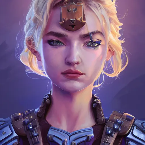 Prompt: masterpiece head-on symmetrical centered painted portrait, Imogen Poots as a paladin, blonde hair, glorious, wearing full metal armour, overwatch character, Blizzard Hearthstone concept art, pixar, maya engine on stylized background, splash comics, global illumination lighting, trending on artstation, by lois van baarle, ilya kuvshinov, rossdraws