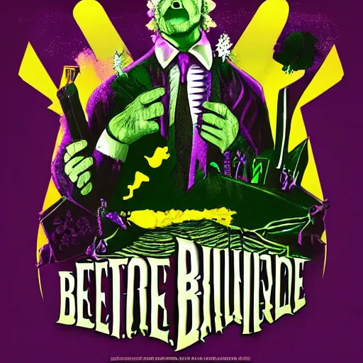 Prompt: beetlejuice, movie poster, dark, Artstation, trending art, symbolism, purple and green, graveyard, smoke 4k