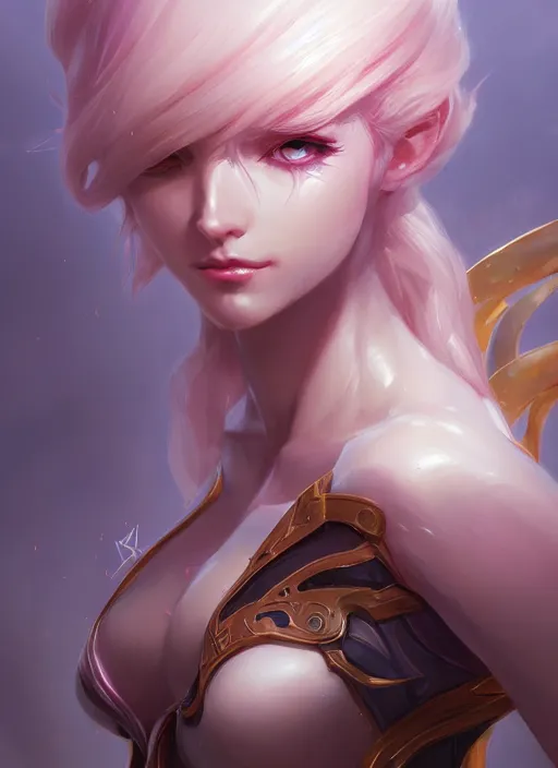 Image similar to zyra, wide angle view, white, black, blue, pink, gold, highly detailed, artgerm, cushart krenz, trending on artstation, soft light, sharp edges, illustration, character design, concept art