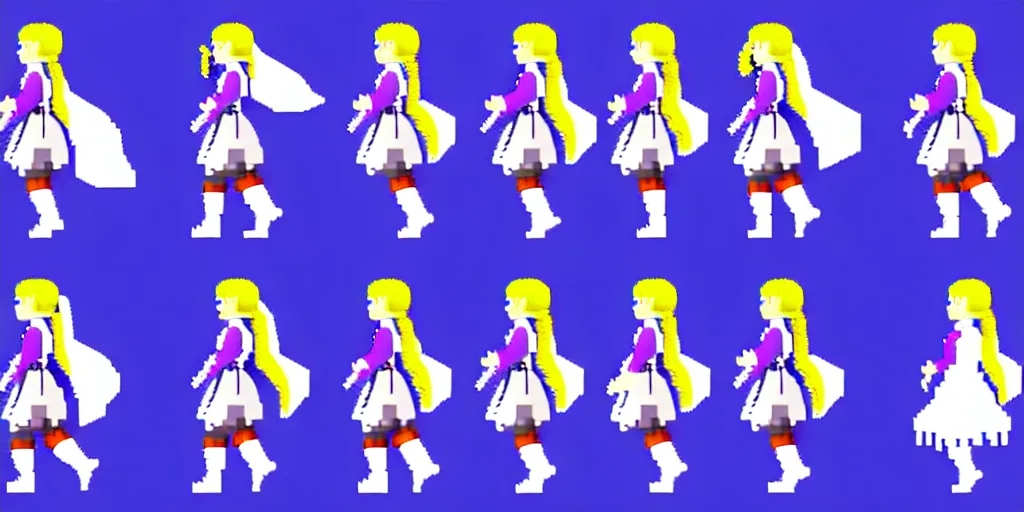 Prompt: walking cycle sprite sheet of a girl in a renaissance dress, walking to the right, each sprite is a different frame of the animation, in the style of final fantasy games, side view of her taking steps, accurate walk cycle, walk cycle, walk cycle, peasant clothes, always wearing the same clothes