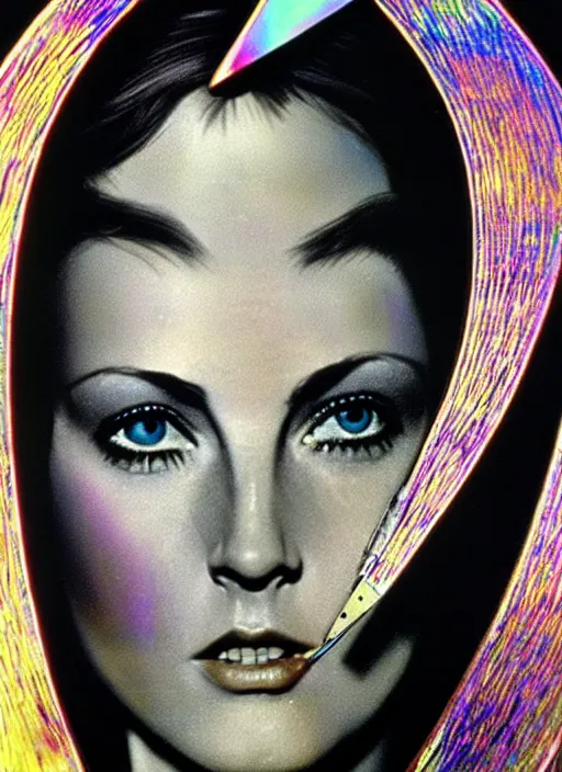 Image similar to 1971 film still of Karen Dillon as the goddess of razor blades. ultra detailed painting at 16K resolution and amazingly epic visuals. epically beautiful image. amazing effect, image looks gorgeously crisp as far as it's visual fidelity goes, absolutely outstanding. vivid clarity. ultra. iridescent. mind-breaking. mega-beautiful pencil shadowing. beautiful face. Ultra High Definition. godly shading. amazingly crisp sharpness. photorealistic film cel processed twice.