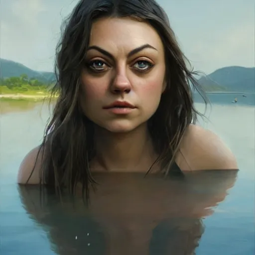 Image similar to winking mila kunis closeup portrait, dramatic light, lake background, 2 0 0 mm focal length, painted by stanley lau, painted by greg rutkowski, painted by stanley artgerm, digital art, trending on artstation