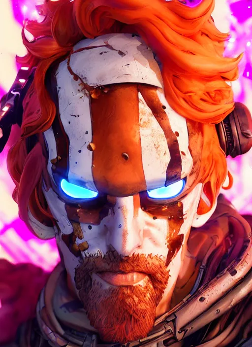 Image similar to glowwave portrait of curly orange hair man from borderlands 3, au naturel, hyper detailed, digital art, trending in artstation, cinematic lighting, studio quality, smooth render, unreal engine 5 rendered, octane rendered, art style by klimt and nixeu and ian sprigger and wlop and krenz cushart.