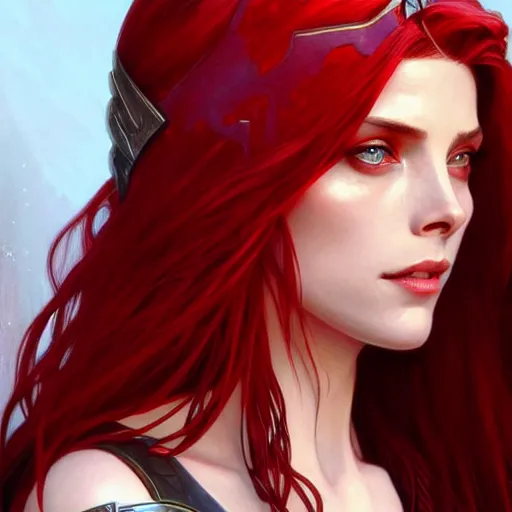 Image similar to Ashley Greene with red hair as Scarlet Witch, western, D&D, fantasy, intricate, elegant, highly detailed, digital painting, artstation, concept art, matte, sharp focus, illustration, art by Artgerm and Greg Rutkowski and Alphonse Mucha