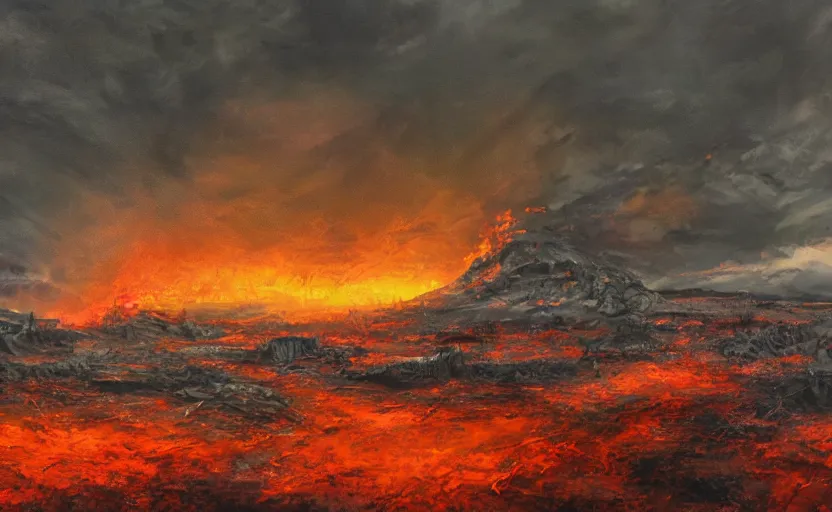 Image similar to post apocalyptic landscape in fire in digital art oil canvas