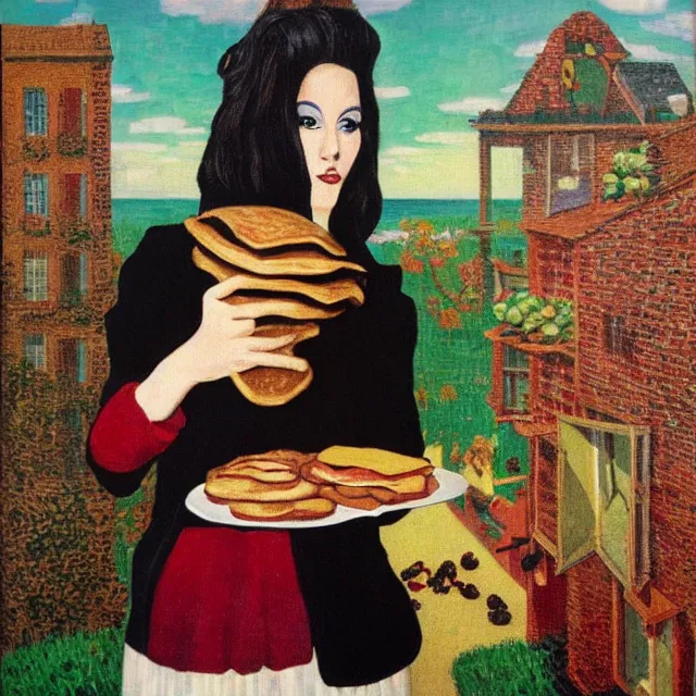 Image similar to tall emo female artist holding pancakes, in chippendale sydney, gold bars, maple syrup, snails, berries, pigs, octopus, witch's broomstick, acrylic on canvas, surrealist, by magritte and monet