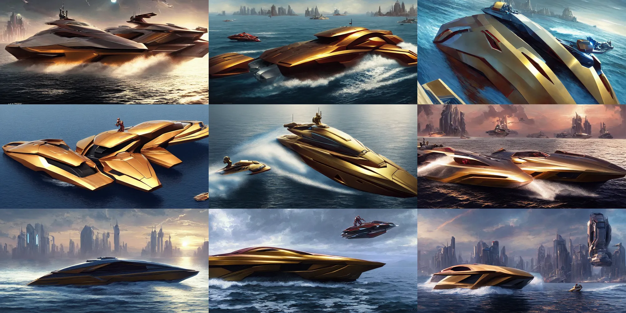 Prompt: an iron man concept yacht, cyberpunk speedboat, hex tile armor, ultra realistic, sci-fi, fantasy, smooth, intricate, highly detailed, golden hour, epic lighting, concept art, sharp focus, artstation, CGSociety, art by greg rutkowski, and syd mead