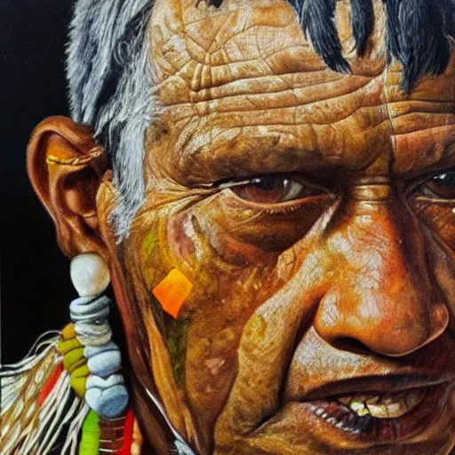 Prompt: high quality high detail painting by lucian freud, hd, portrait of a indigenous tribe leader, photorealistic lighting