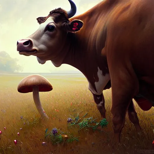 Image similar to long shot photo of a cow with mushrooms growing on its back, highly detailed, digital painting, artstation, smooth, sharp focus, illustration, art by artgerm and greg rutkowski and alphonse mucha