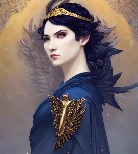 Image similar to god of death, young male, in the underworld, elegant dark blue dress, very detailed, throne, very intricate details, jewelry, gold eyeshadow, elaborate long black hairstyle, wings, cinematic, artstation, william bouguereau, magali villeneuve, greg rutkowski, rossdraws, octane render