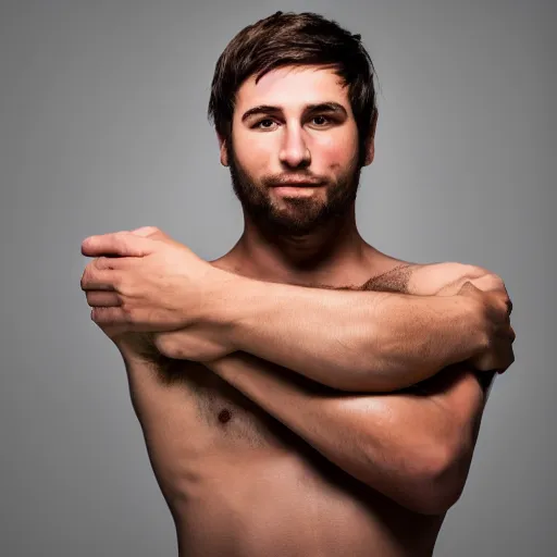 Image similar to high-resolution photograph of a lad showing off his hairy armpits