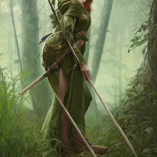 Prompt: beautiful natural cottagecore archer elf hooded longbow verdant lush hidden camouflage, intricate, elegant, highly detailed, digital painting, artstation, concept art, smooth, sharp focus, illustration, art by artgerm and greg rutkowski and alphonse mucha and loish and wlop
