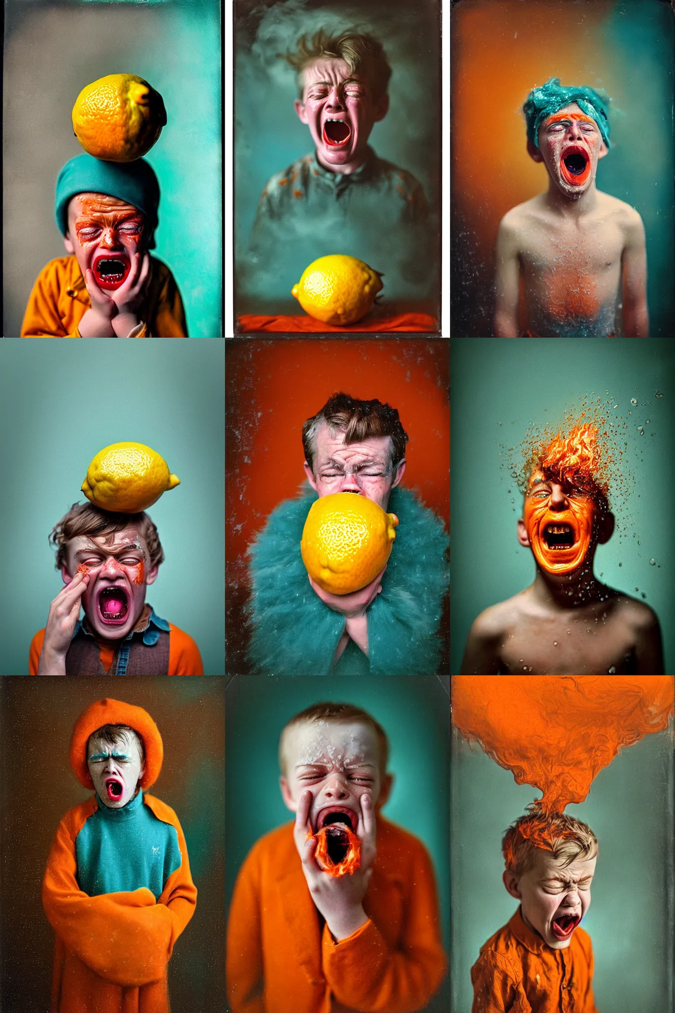 Prompt: kodak portra 4 0 0, wetplate, 8 k, motion blur shot of a highly detailed, britt marling style, colour still - life portrait of a lemon looks like a handsome screaming angry 9 year old crying boy in a dangerous snow hell fire storm, 1 9 2 0 s cloth, 1 9 2 0 s hair, teal and orange, muted colours