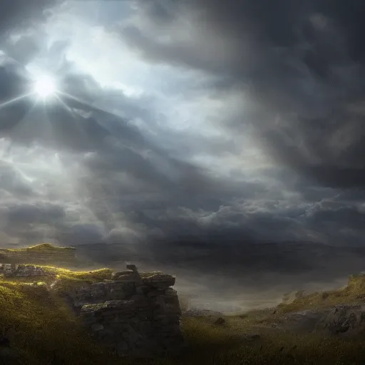 Prompt: Sickly yellow light breaking through the clouds shining down upon a desolate battlefield, fantasy, matte painting, 8k resolution, high detail, masterpiece, dark atmosphere