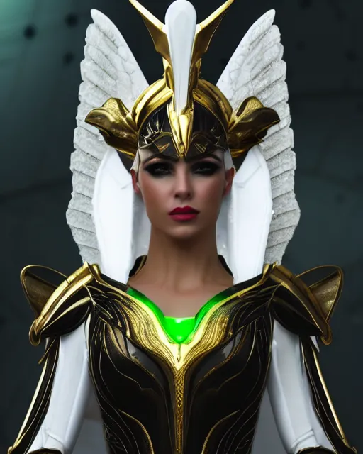 Image similar to attractive egyptian queen wearing white dove wings, warframe armor, regal, attractive, ornate, sultry, elize theron, pretty face, green eyes, scifi platform, 4 k, ultra realistic, epic lighting, illuminated, cinematic, black gold, art by akihito tsukushi, voidstar