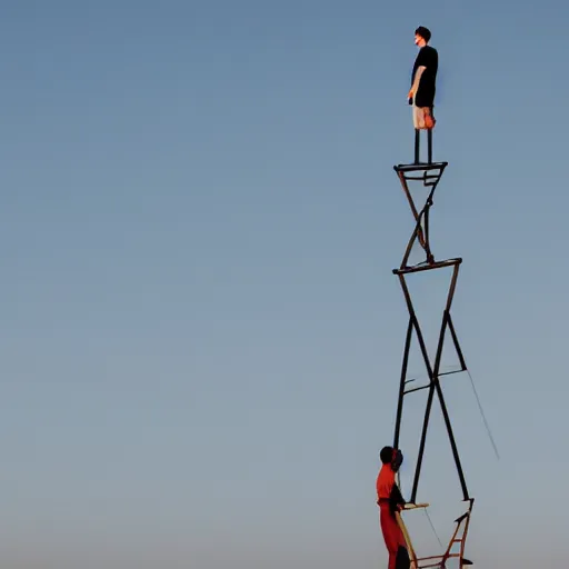 Image similar to photo of a man standing on chair tower acrobatic