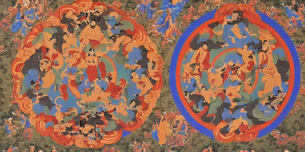 Image similar to The devil runs a group of people's lives in a big circle, Thangka painting style.