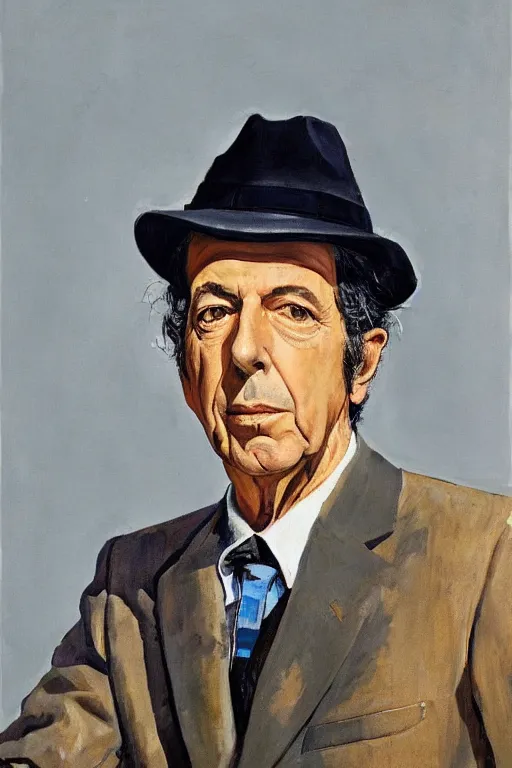 Image similar to portrait of leonard cohen, wearing trilby, immaculately dressed, by Frank McCarthy