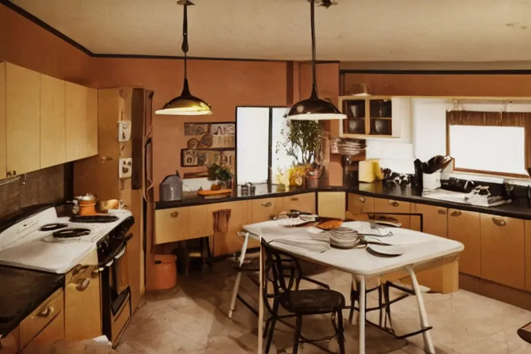 Prompt: a dimly lit retro 1970s kitchen with vintage decor