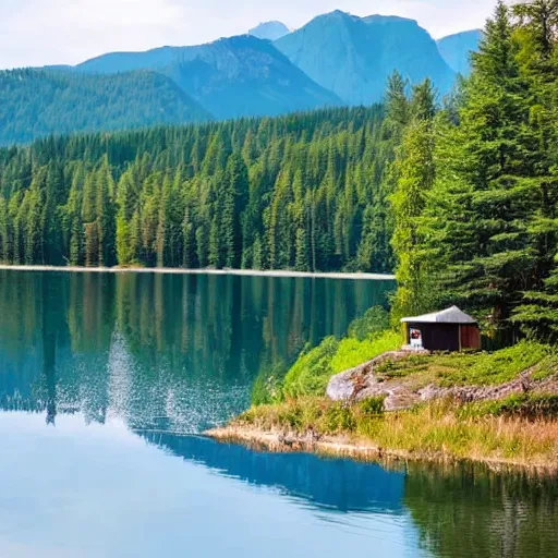 Image similar to Cottage next to a lake in a forest with Mountains in the background