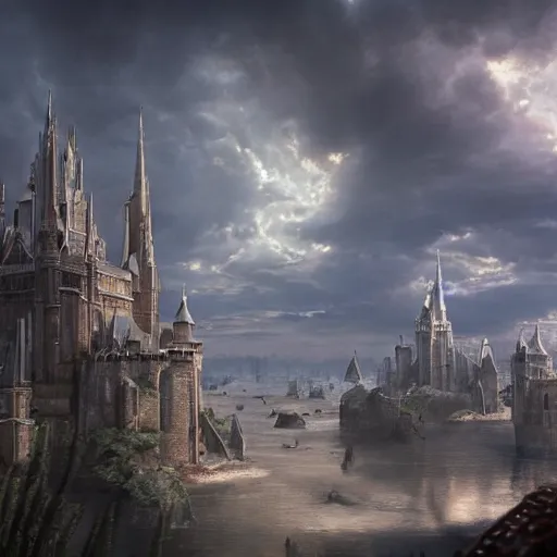 Image similar to a beautiful fantasy castle made from white stone and bright copper, medieval city submerged in water, metropolis, magic, tall towers, gorgeous clouds, white marble, god rays, digital art, fantasy art, octane render, unreal engine, high detail, very realistic, by greg rutkowski, by james gurney