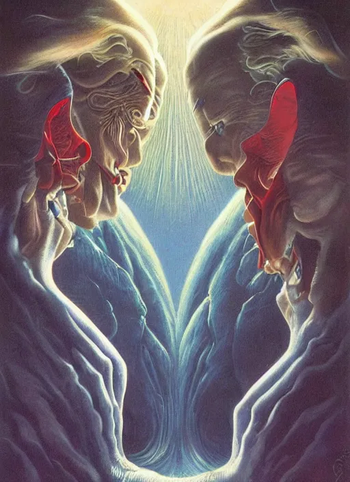 Prompt: twin peaks poster art, david bowie fighting his doppelganger gemini good and evil fantasy by, wayne barlowe, boris vallejo, aaron horkey, old retro pulp, by michael whelan, rossetti bouguereau, artgerm, nostalgic, old fashioned