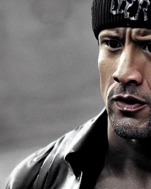 Image similar to Film still close-up shot of Dwayne Johnson as Rocky Balboa from the movie Rocky. Photographic, photography