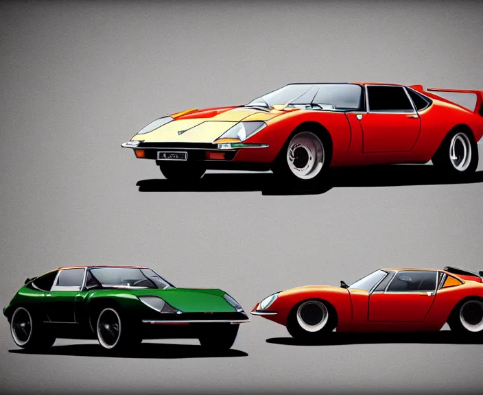 Image similar to a blending, amalgamation and detailed combination of a lamborghini countach, datsun 2 6 0 z and a jaguar e - type, concept art, very round headlights, long front end, 8 k, highly detailed, trending on art station, dramatic lighting