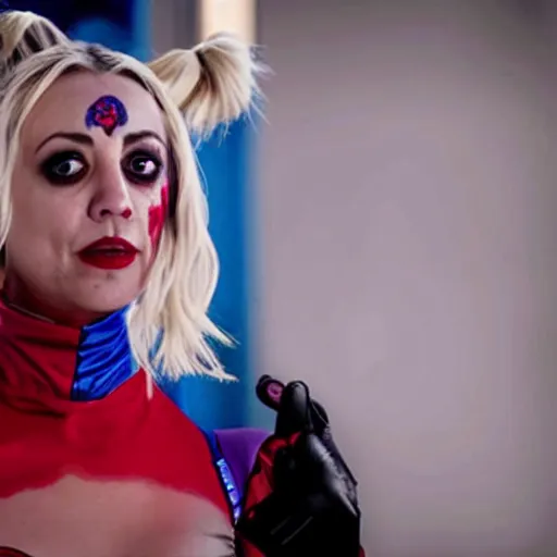 Image similar to A still of Kaley Cuoco as Harley Quinn