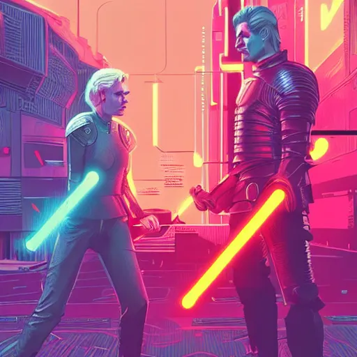 Prompt: jaime lannister and brienne of tarth fighting against a horde of neon zombies, cyberpunk art by james gilleard, cgsociety, retrofuturism, synthwave, retrowave, outrun