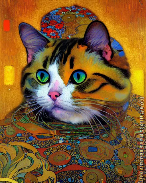 Image similar to summertime cat portrait an oil painting splashes with many colors and shapes by gustav klimt greg rutkowski and alphonse mucha, polycount, generative art, psychedelic, fractalism, glitch art