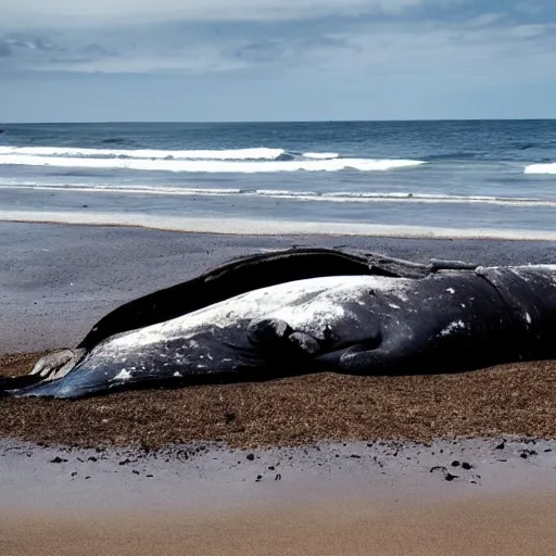 Prompt: a grey giant dead whale washed up on a beach