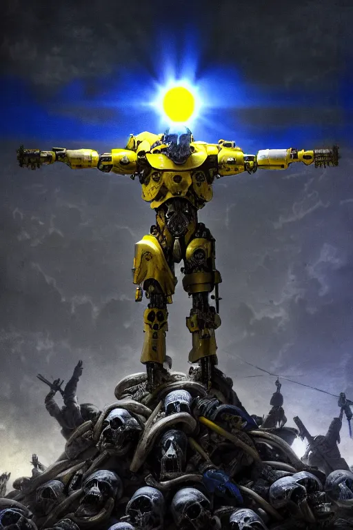 Prompt: A distant view front shot of a half cyborg soldier with a blue and yellow flag behind him while he is standing on a huge pile of human skulls in triumph after the battle, head is up, flag in hands, dark atmosphere, bright rays of light from the sky, beams of light, intricate, volumetric lighting, neon blue and yellow lights, highly detailed, smooth, artstation, concept art, сinematic lighting, insanely detailed, smooth, sharp focus, Artstation, 8k, unreal engine, hyper realistic, illuminated, bright background, moonlight, volumetric lighting, wallpaper, digital illustration by Ruan Jia and Mandy Jurgens and Artgerm and Wayne Barlowe and Greg Rutkowski and Frank Frazetta