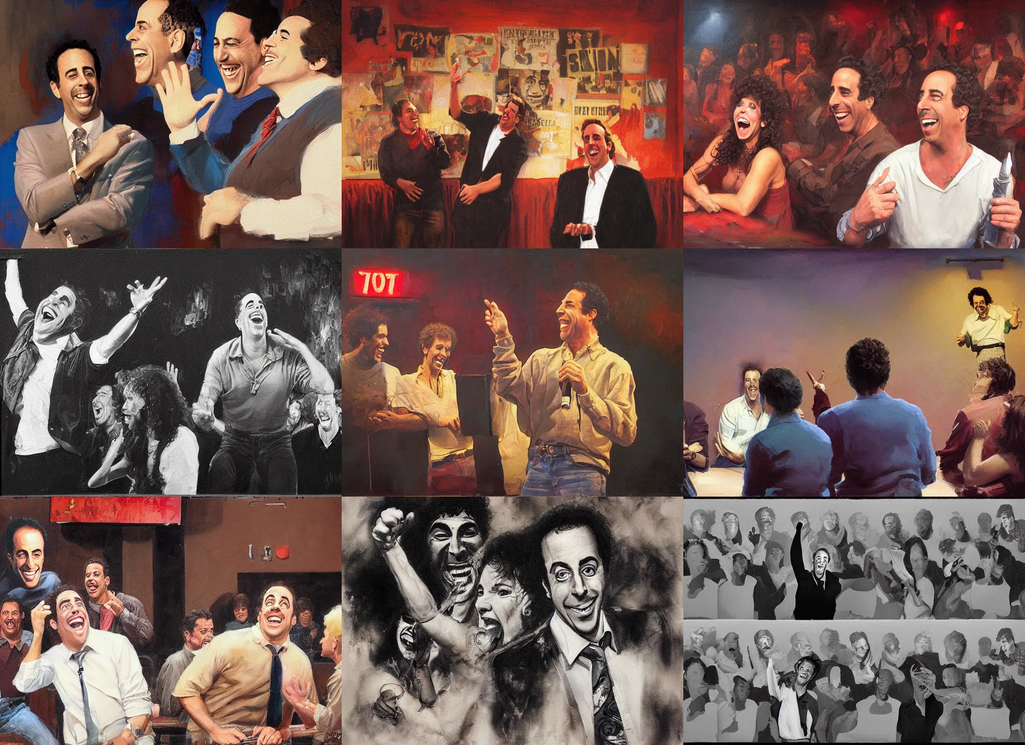 Prompt: a mixed media portrait painting of people laughing at nineteen eighties jerry seinfeld on stage at a comedy club, hyperrealistic, detailed face, minimalist, by frank frazetta, greg rutkowski, christian macnevin, wlop, krenz cushart, epic fantasy character art, volumetric lighting, cgsociety, exquisite detail, masterpiece, cinematic