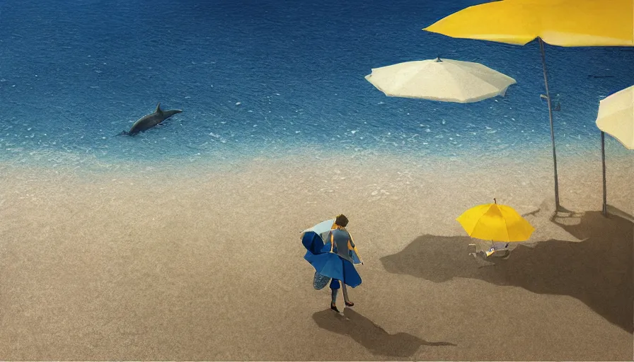 Image similar to craig mullins and ghibli digital illustration of, a dolphin in the blue dotted water, modern beach is covered with umbrellas, white waves ， yellow gravel coralsunreal engine, hyper realism, realistic shading, cinematic composition, realistic render, octane render, detailed textures, photorealistic, wide shot