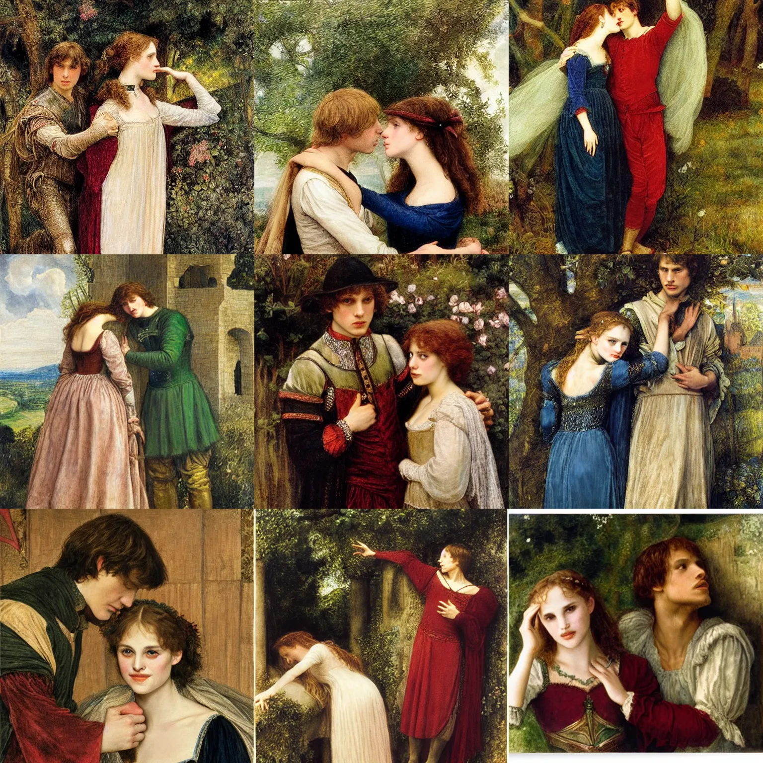 Prompt: juliet ( young natalie portman ) and romeo ( young jesse eisenberg ) in the 1 6 th century verone, tragic, theatrical, dramatic oil canvas by henry meynell rheam