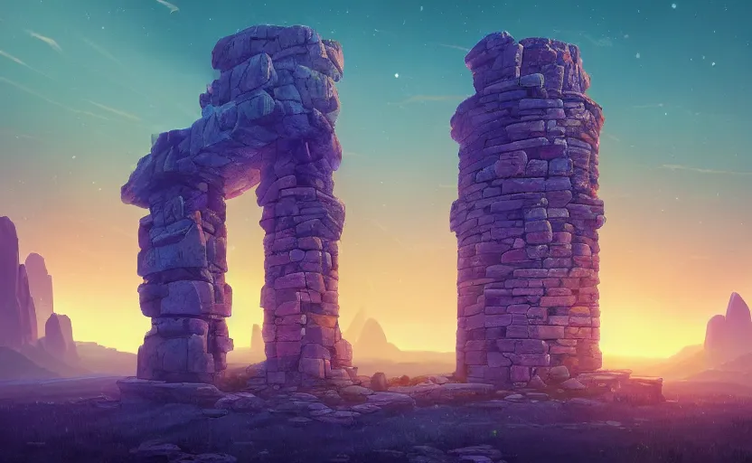 Image similar to A landscape with a single giant stone brick tower with pillars on top at sunset, magical portal, cyberpunk, glowing runes, technology, Low level, rendered by Beeple, Makoto Shinkai, syd meade, simon stålenhag, environment concept, synthwave style, digital art, unreal engine, WLOP, trending on artstation, 4K UHD image, octane render,