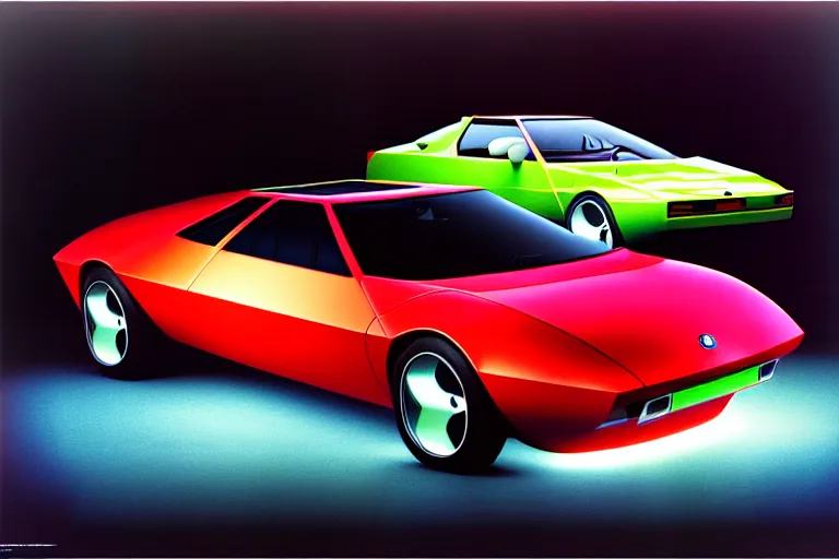 Image similar to designed by giorgetto giugiaro stylized poster of a single 2 0 0 2 amc amx / 3 citroen ds bmw m 1 concept, thick neon lights, ektachrome photograph, volumetric lighting, f 8 aperture, cinematic eastman 5 3 8 4 film