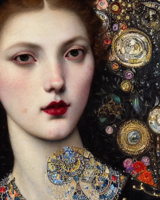 Image similar to a close up of beautiful girl with black lipstick wearing a intricate necklace surrounded by colourful intricate patterns, by edgar maxence and caravaggio and michael whelan, intricate painting, hyper realistic, extremely detailed and beautiful aesthetic face, 8 k resolution