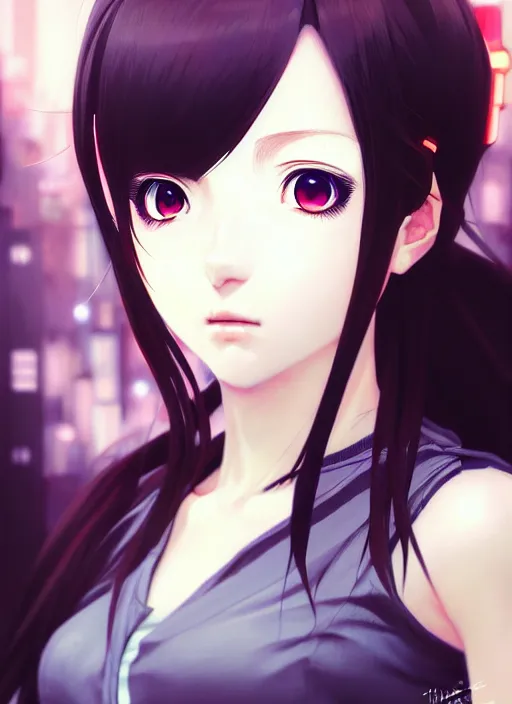 Prompt: portrait of beautiful young anime girl, cute-fine-face, realistic shaded, Perfect face, fine details. Anime, cyberpunk, Final fantasy, tifa, highly detailed, artstation, illustration, art by Ilya Kuvshinov and Gustav Klimt