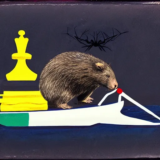 Image similar to wombat playing chess on spider - man painted paddle ski on waves dark ominous big waves dramatic