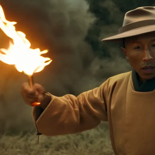 Image similar to cinematic film still Pharrell Williams starring as a Samurai holding fire, Japanese CGI, VFX, 2003, 40mm lens, shallow depth of field,film photography