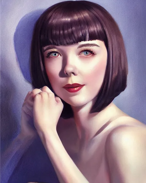 Prompt: colleen moore 2 2 years old, bob haircut, portrait painted by stanley artgerm, casting long shadows, resting head on hands, by ross tran