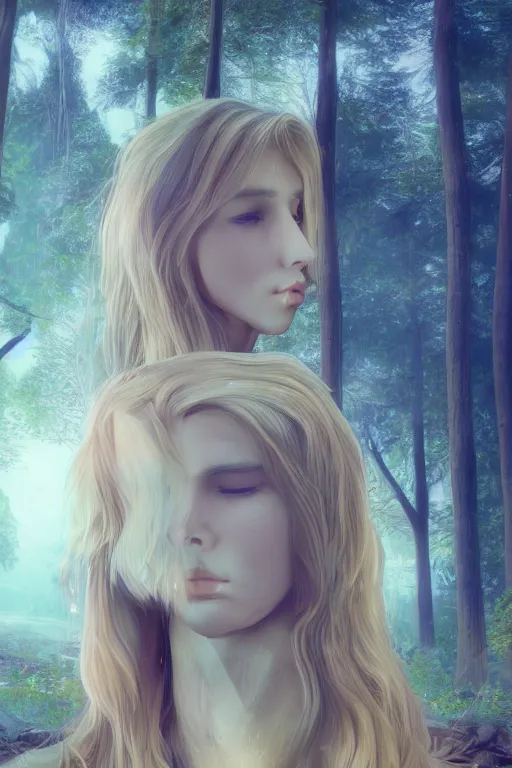 Prompt: pretty young man with long golden blond hair, demure, slender, lose, symmetrical face, trees, detailed forest background, webtoon, breathtaking scenery, colourful, 8 k, graphic novel, digital art trending on artstation, volumetric lighting, octane render, cinematic, hyper detailed, magical atmosphere, realistic