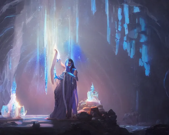 Image similar to blue haired female god casting a spell using sigils, flowing robes, cave with glowing crystals, fantasy, dramatic lighting, detailed painting, greg rutkowski, 8 k,