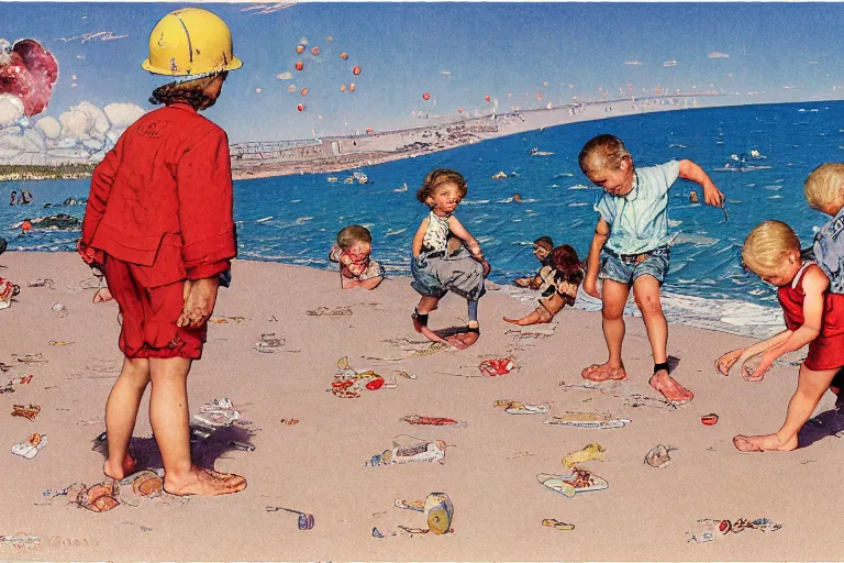 Prompt: children playing at the beach, huge atomic explosion in the background, wide angle shot, detailed, by norman rockwell, by mattias adolfsson, by moebius, oil on canvas,