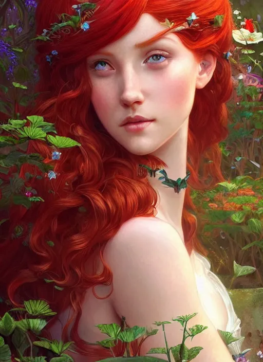 Image similar to a beautiful red haired woman as a fairy princess in a garden, deep focus, d & d, fantasy, intricate, elegant, highly detailed, digital painting, artstation, concept art, matte, sharp focus, illustration, hearthstone, art by artgerm and greg rutkowski and alphonse mucha