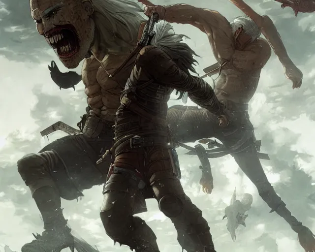 Prompt: geralt of rivia fighting a titan in attack on titan, greg rutkowski, anime